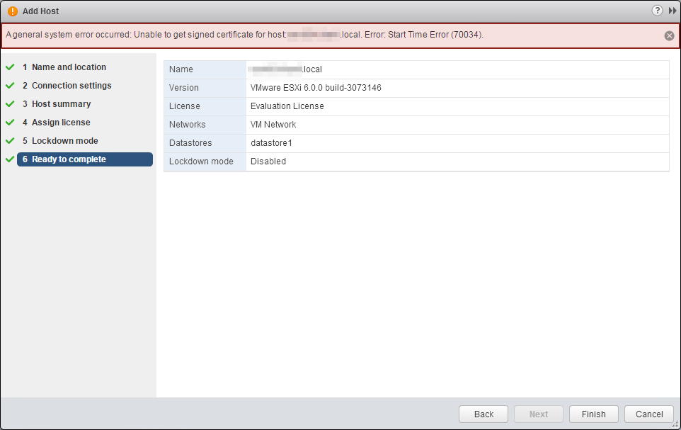 vSphere 6: Start Time Error (70034) When Adding ESXi Hosts